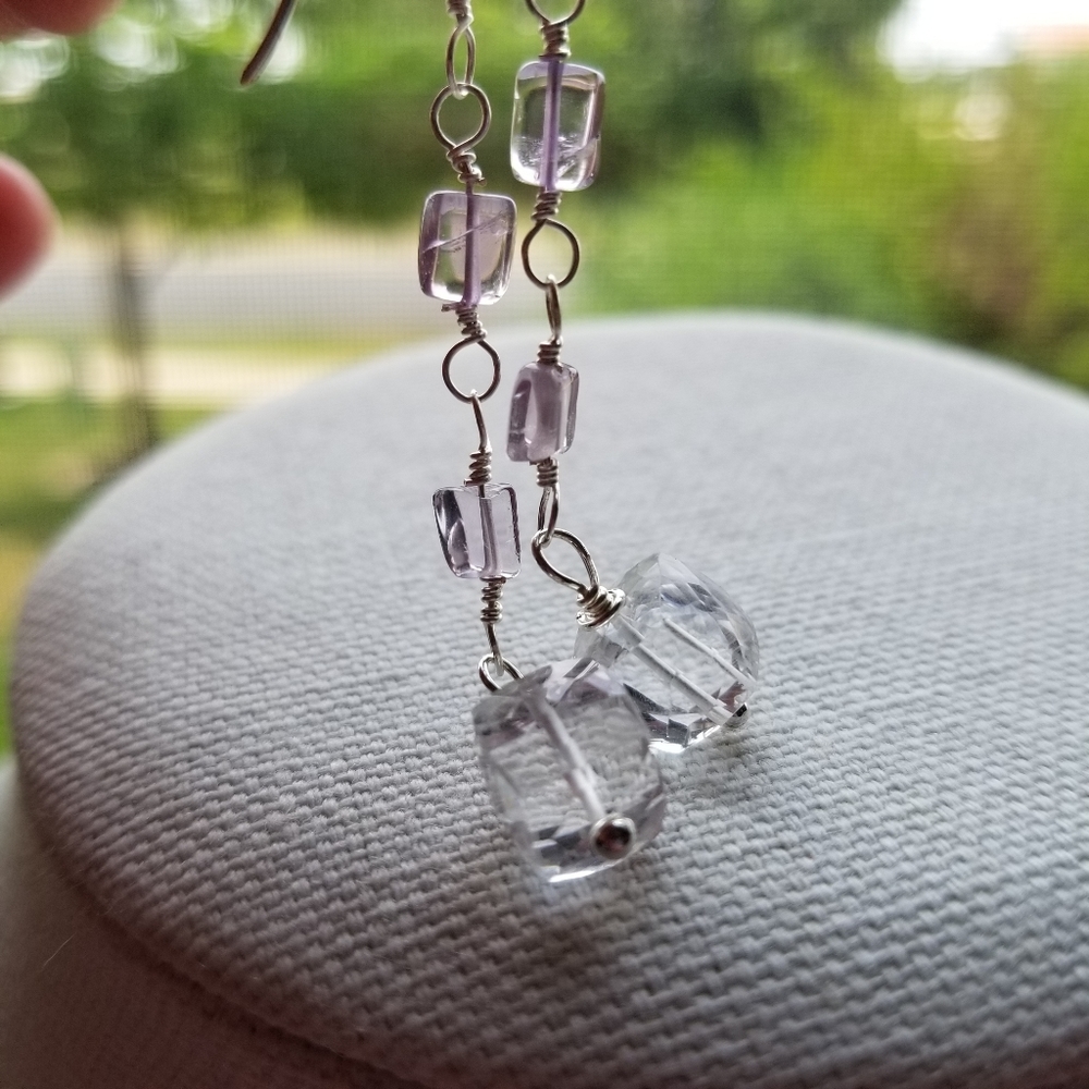 Amethyst and clear crystal quartz dangle earrings